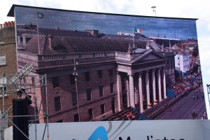 The GPO on Easter Sunday, 2016, viewed from one of the giant TV screens placed around Dublin
