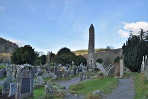 The famous and nearly intact round tower at Glendalough