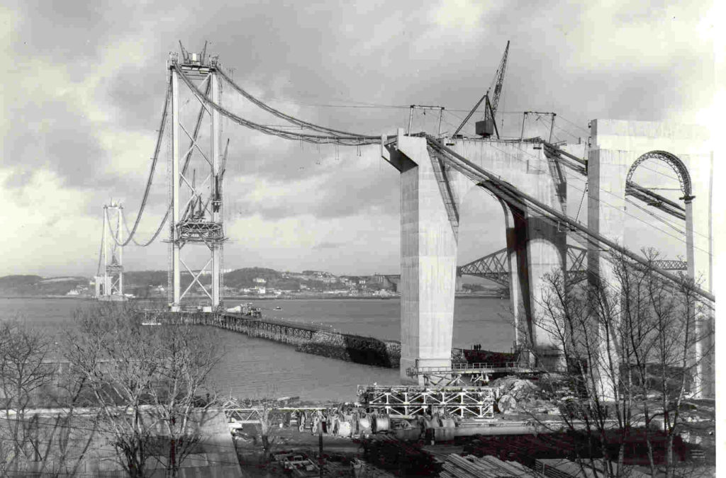 The Forth Road Bridge under construction.